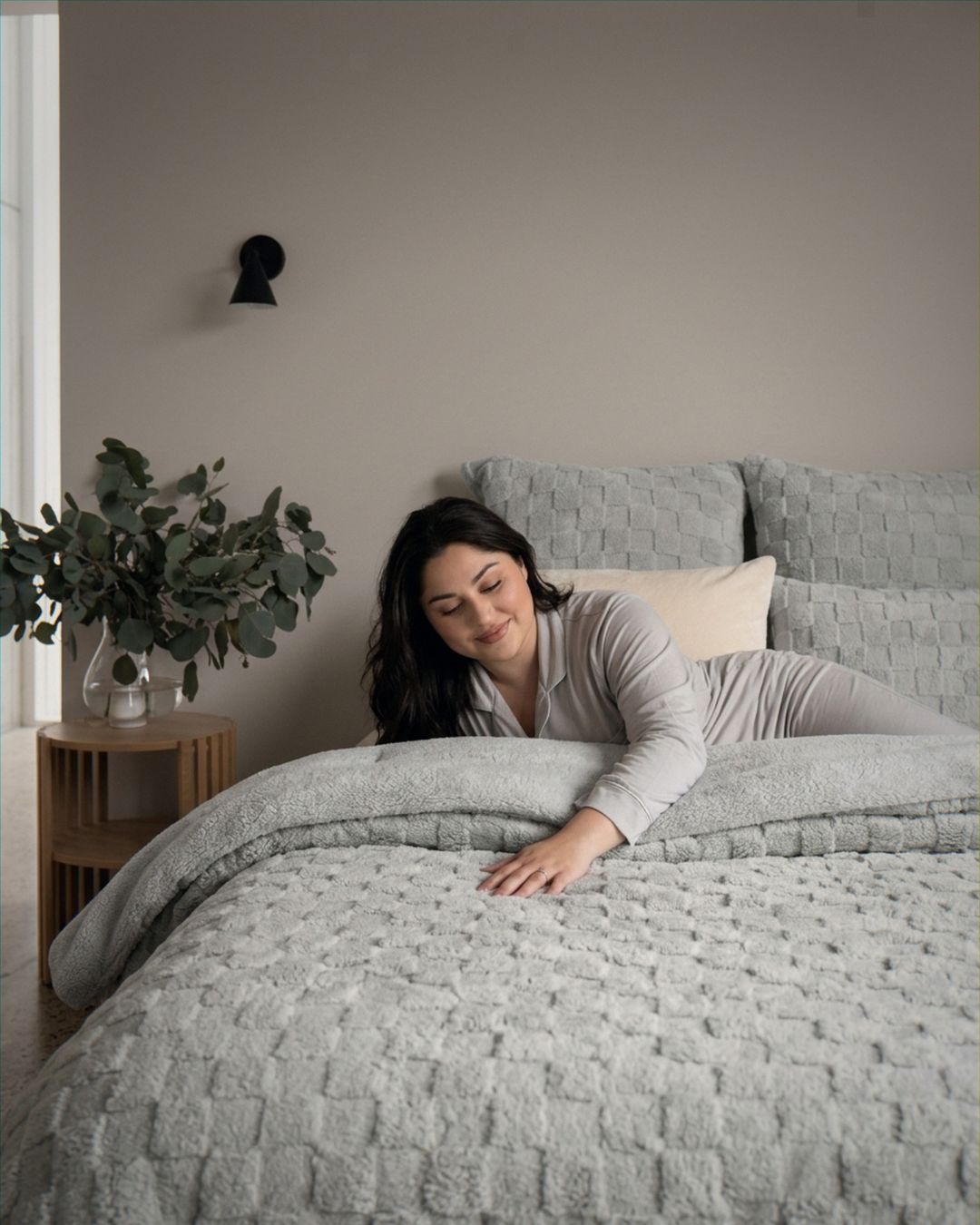Morgan and Reid Checkered Silver Snuggle Fleece Comforter Set folded to show depth and plush texture