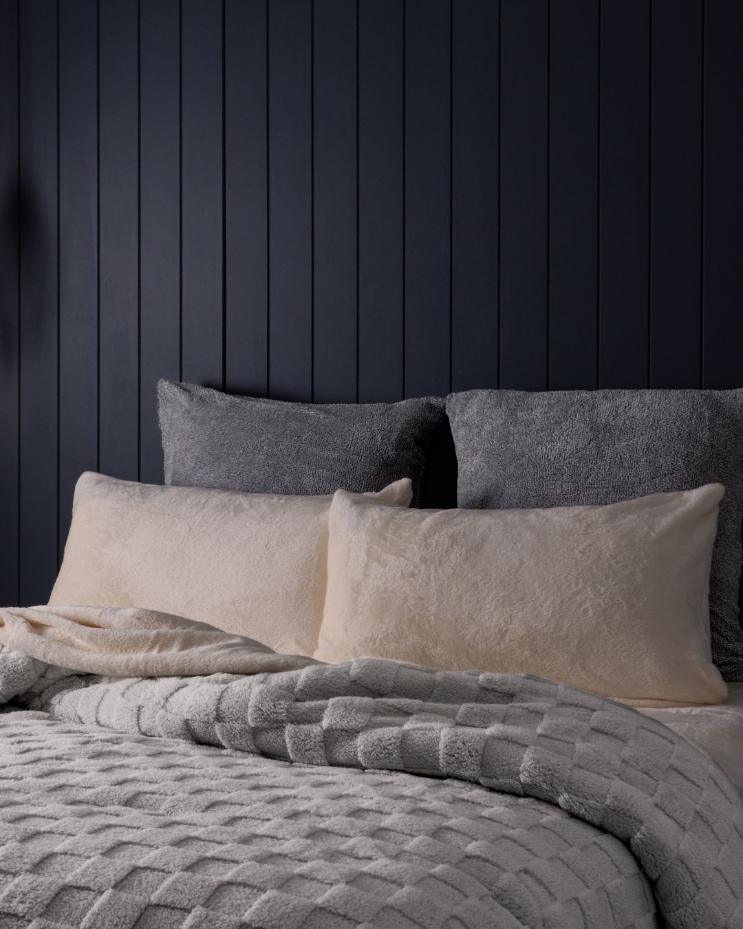 Close-up of the Morgan and Reid Checkered Silver Snuggle Fleece Pillowcase Pair showing fabric texture