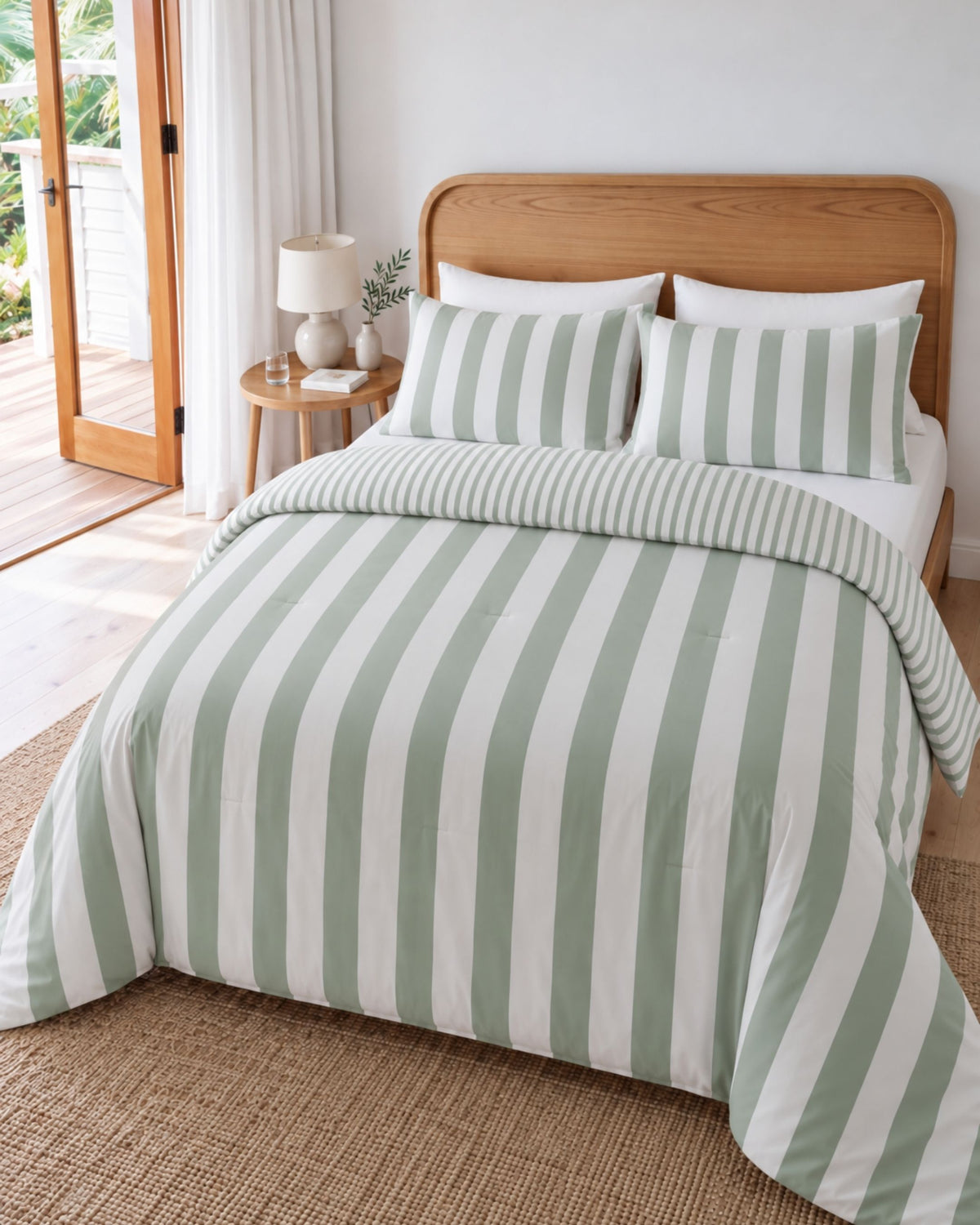 A bed dressed in a mint green and white striped duvet cover and matching pillow shams, styled in a bright bedroom with a wooden headboard, side table, lamp, and window looking out onto a deck.