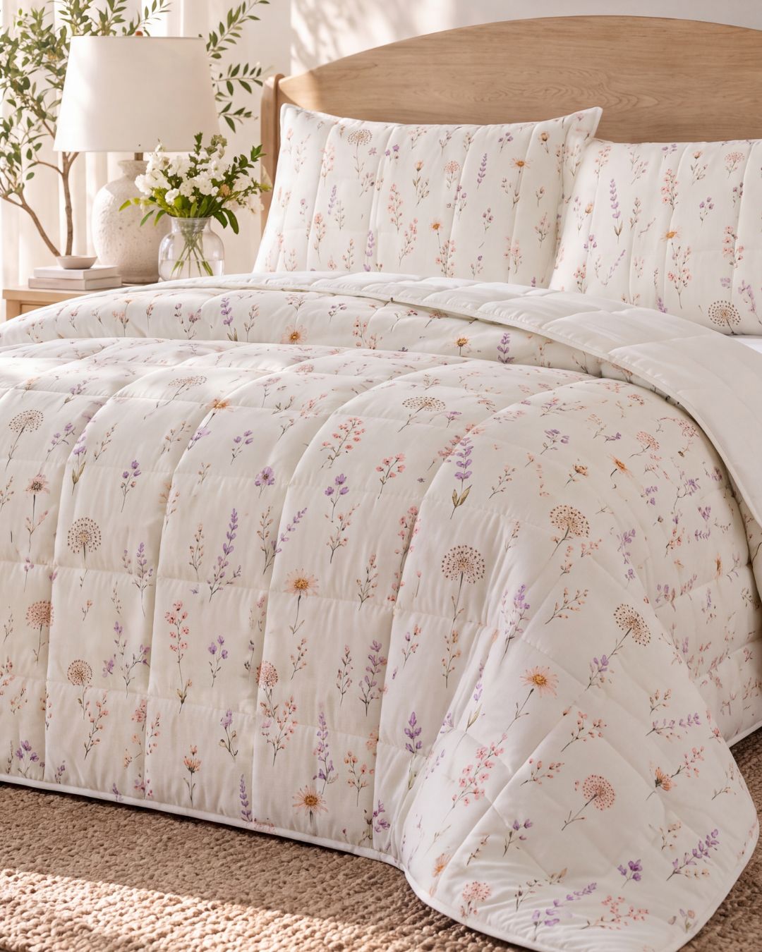 A quilted comforter set with matching pillowcases featuring a delicate pastel floral and botanical print on an off-white background, styled on a bed with a wooden headboard in a bright bedroom setting.