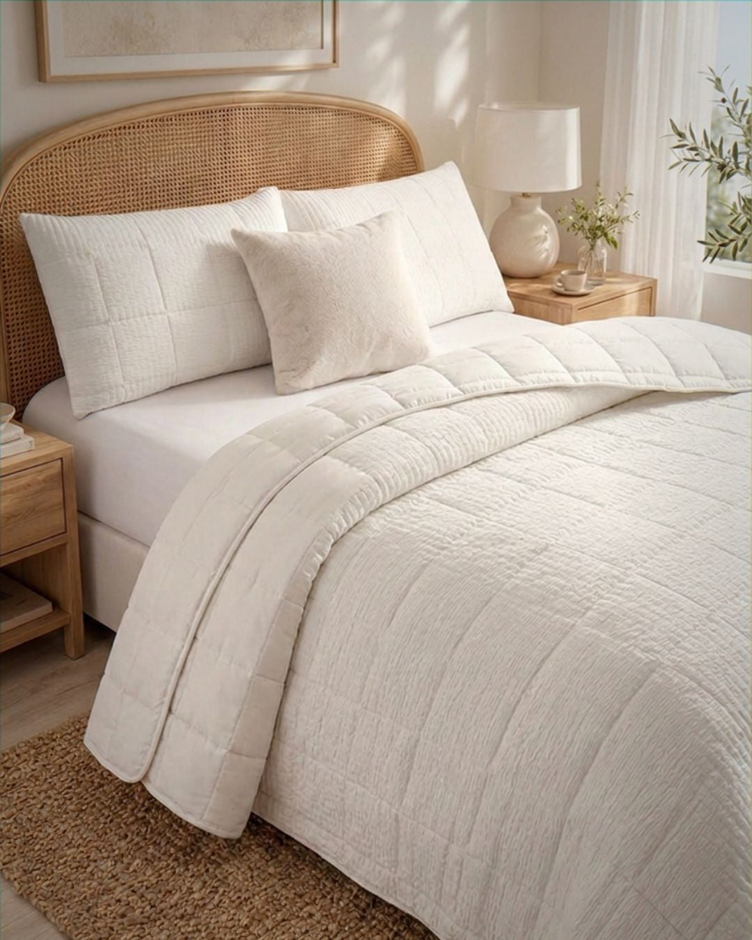 A neatly made bed in a bright bedroom setting, featuring a textured off-white quilted comforter, two matching pillow shams, a woven cane headboard, and light wood bedside tables with a lamp and small plant.