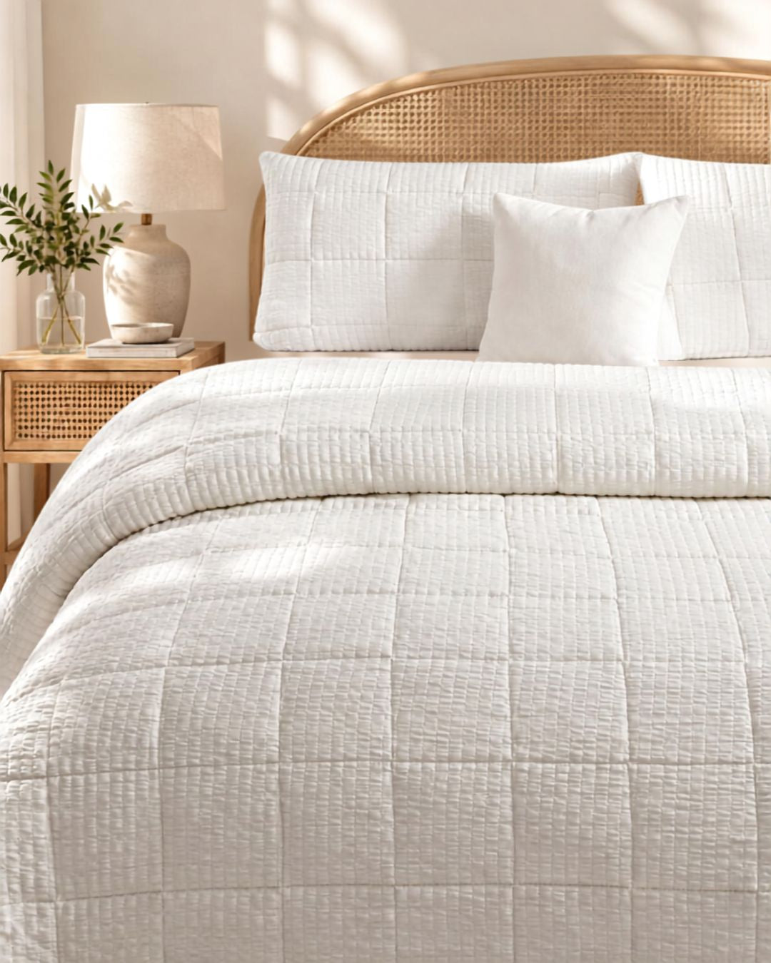 A neatly made bed with a textured off-white quilted comforter and matching pillow shams, styled in a warm bedroom setting with a cane headboard, bedside lamp, and plant.