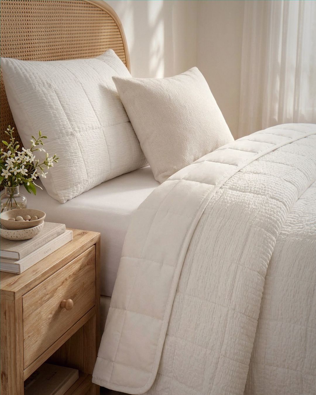A close-up of a neatly made bed with a quilted off-white comforter and two matching textured pillows, styled in a warm, sunlit bedroom with a wooden nightstand and woven headboard.