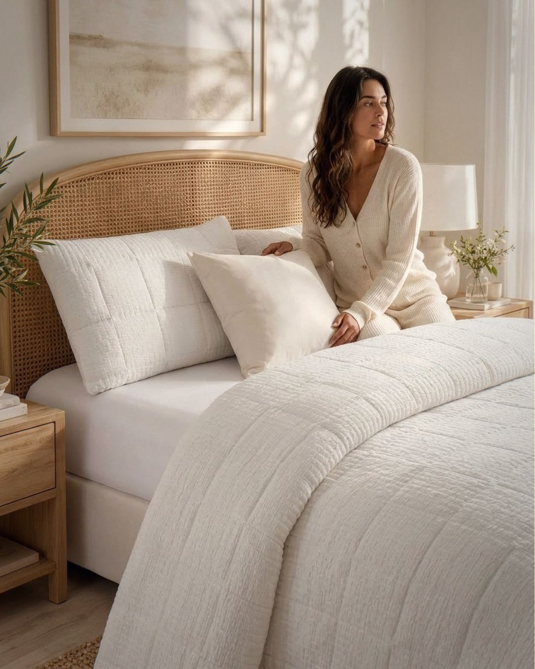A woman in cream loungewear sits on a bed with a textured cream quilt and matching pillows in a softly lit bedroom with a woven cane headboard and wood nightstands.