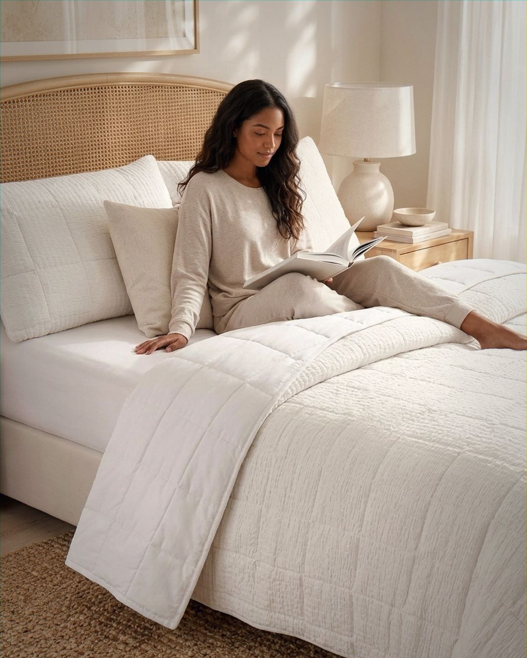 A woman in a beige lounge set sits on a bed with white bedding, reading a book in a softly lit bedroom. The bed is made with white quilted bedding, matching pillows, a woven cane headboard, and a bedside lamp.