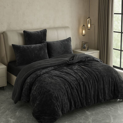 Morgan and Reid Black Velvet Crushed Snuggle Fleece European Pillowcase Pair: square, dark gray pillowcases with a soft, plush texture and subtle shine, shown against a white background.