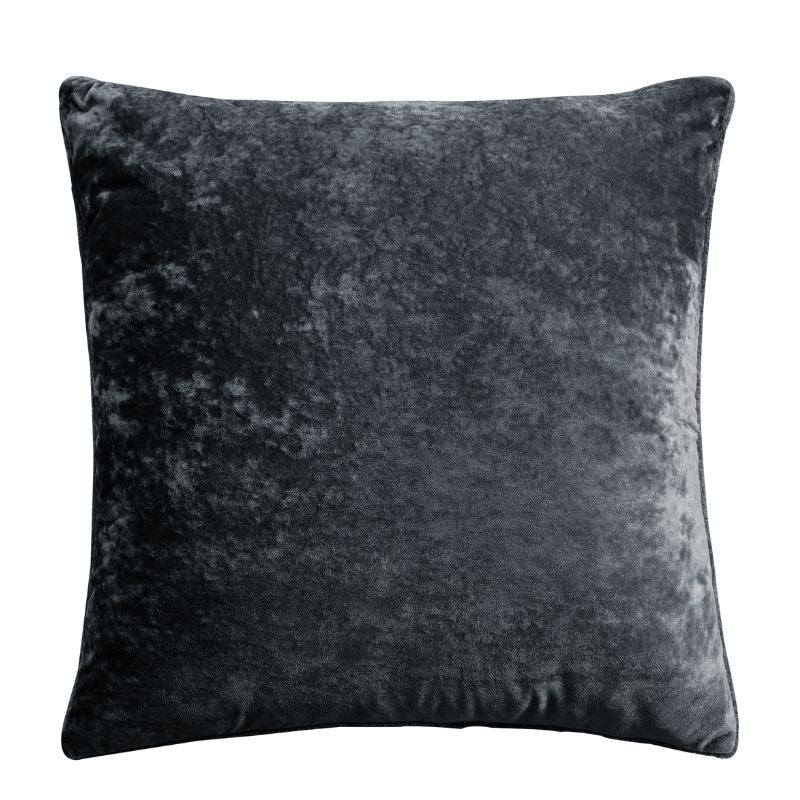 Morgan and Reid Black Velvet Crushed Snuggle Fleece European Pillowcase Pair: square, dark gray pillowcases with a soft, plush texture and subtle shine, shown against a white background.