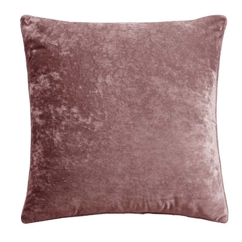 The Morgan and Reid Shell Pink Velvet Crushed Snuggle Fleece European Pillowcase Pair (Pre-Order July 15th) features a soft, crushed velvet texture in light mauve, shown against a plain white background.