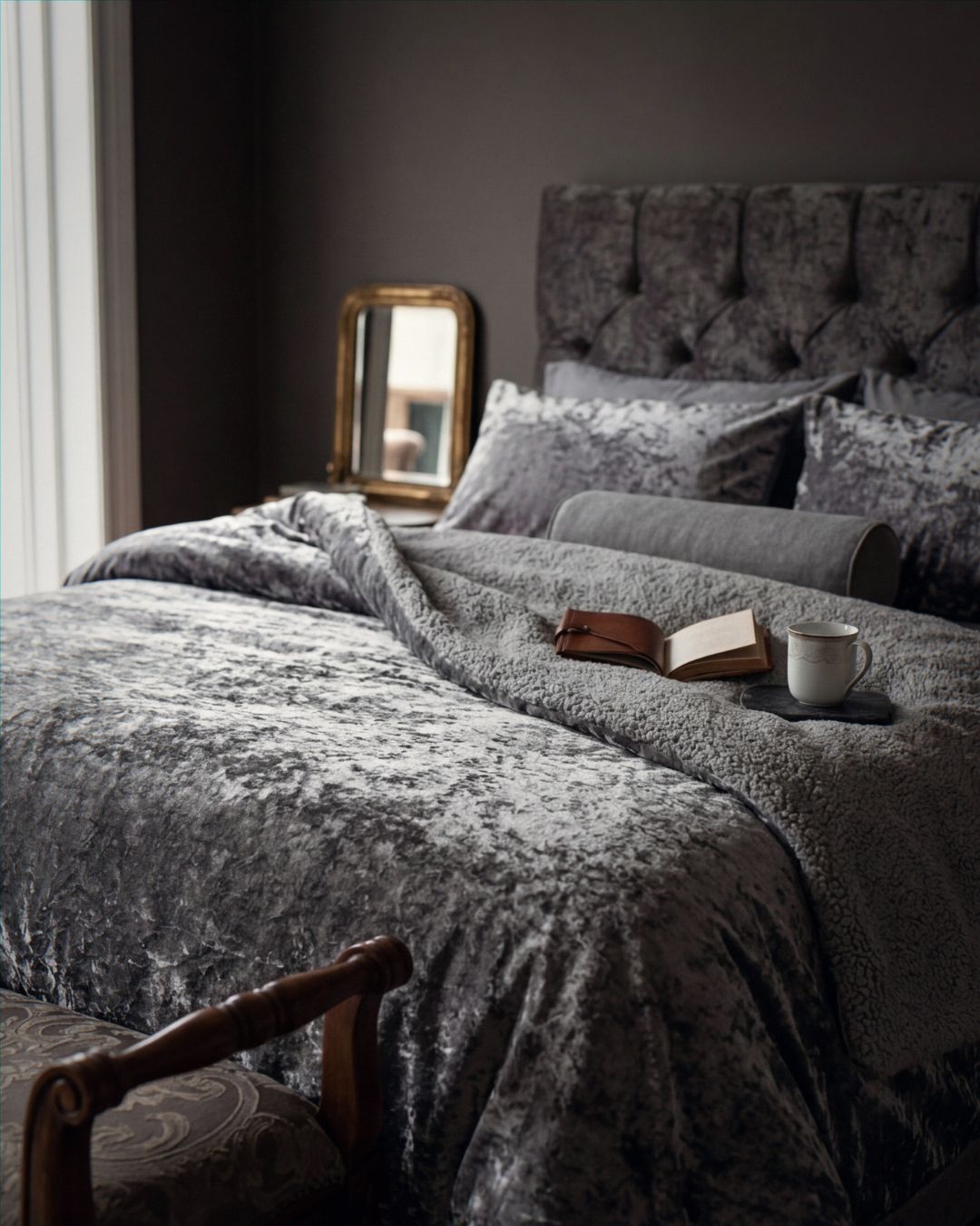 Morgan and Reid Silver Velvet Crushed Snuggle Fleece Comforter Set on a bed with matching pillowcases