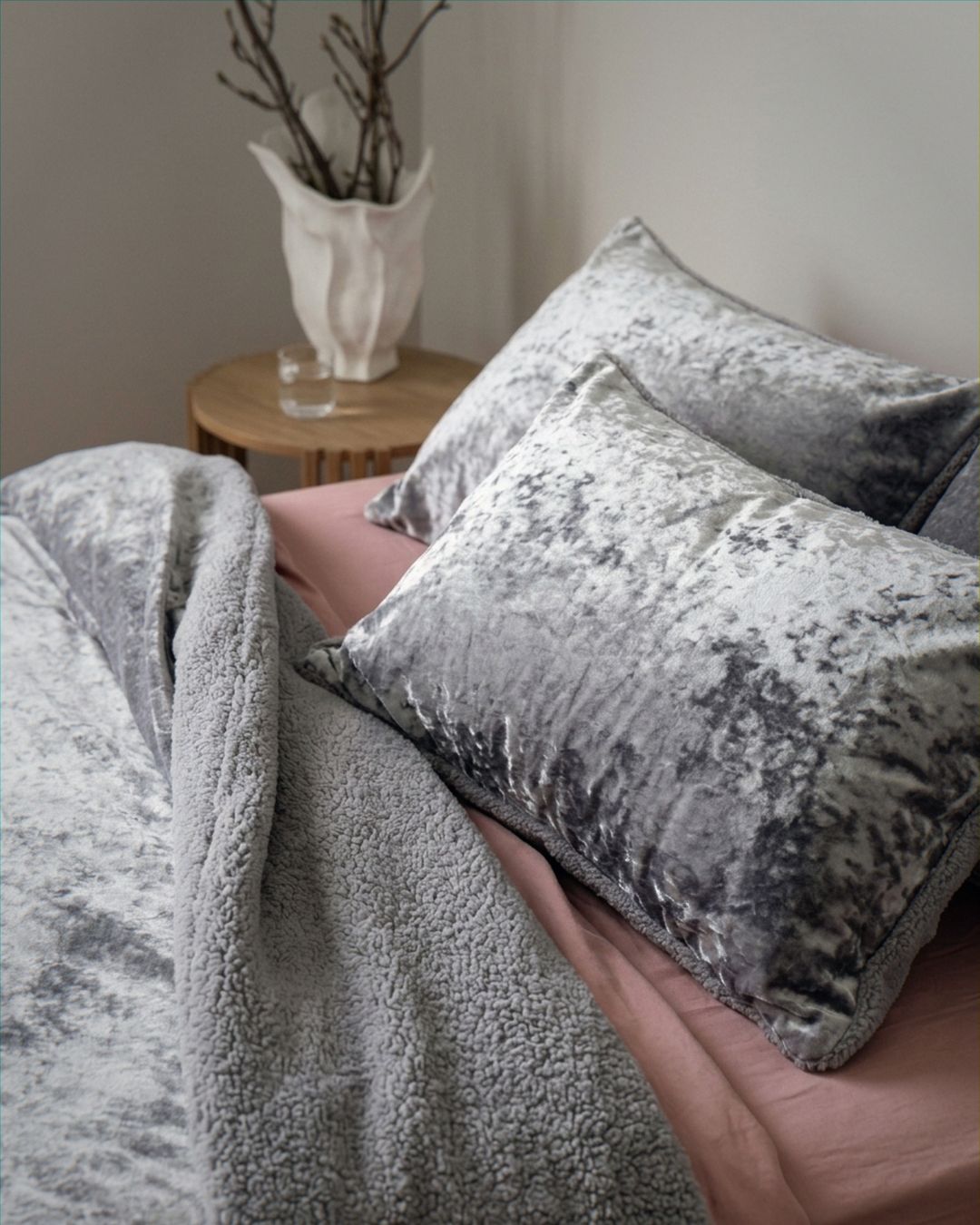 Morgan and Reid Silver Velvet Crushed Snuggle Fleece Comforter Set in a cosy bedroom lifestyle setting