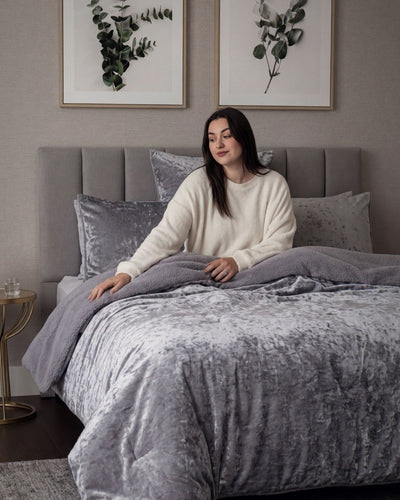 Detail shot of the Morgan and Reid Silver Velvet Crushed Snuggle Fleece Comforter Set fabric and finish