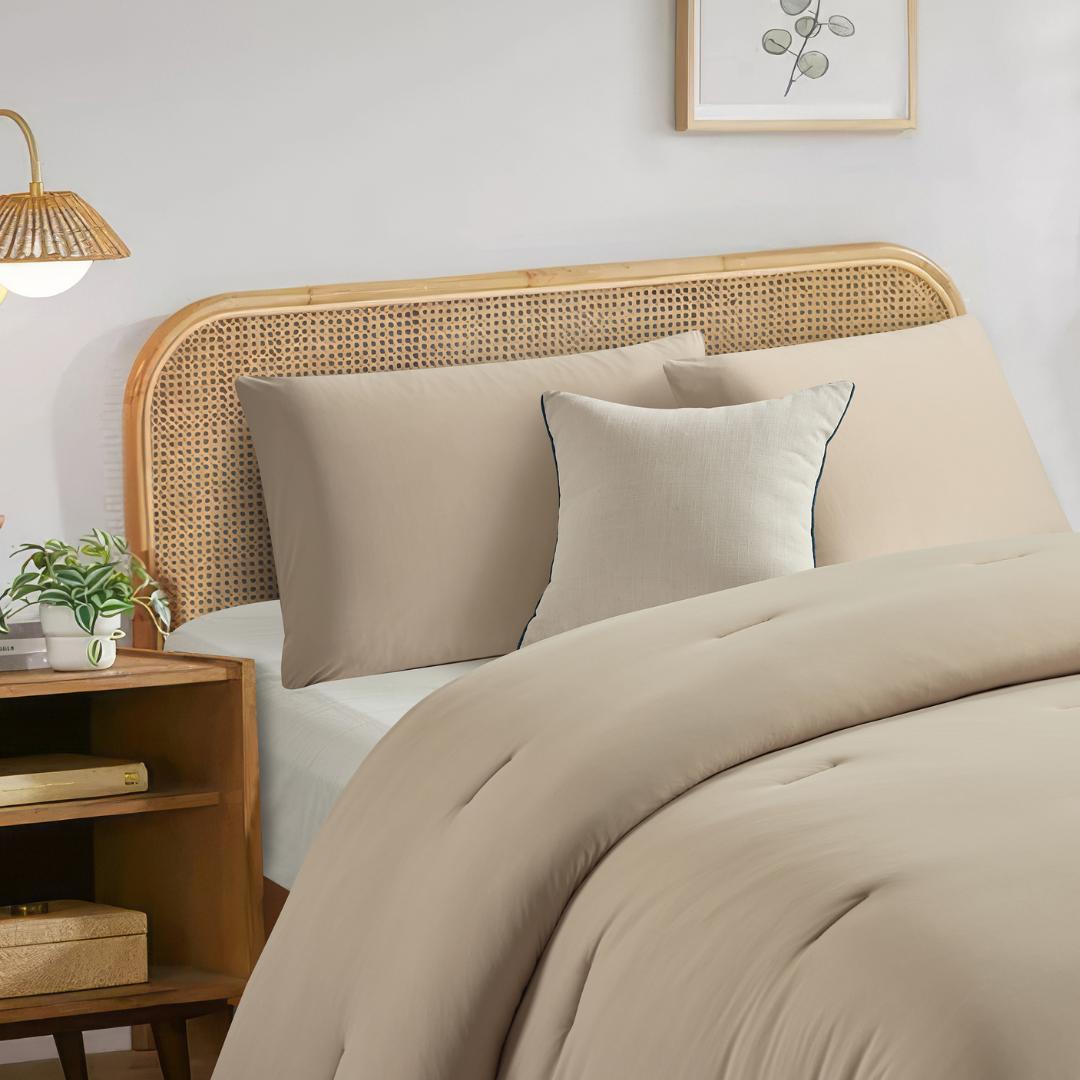 Lightweight doeskin cooling comforter with matching pillowcases.