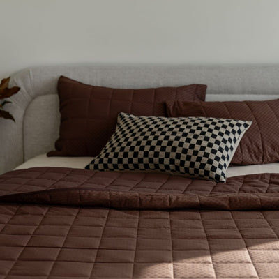 Brown quilt and pillows on a sofa against a neutral wall