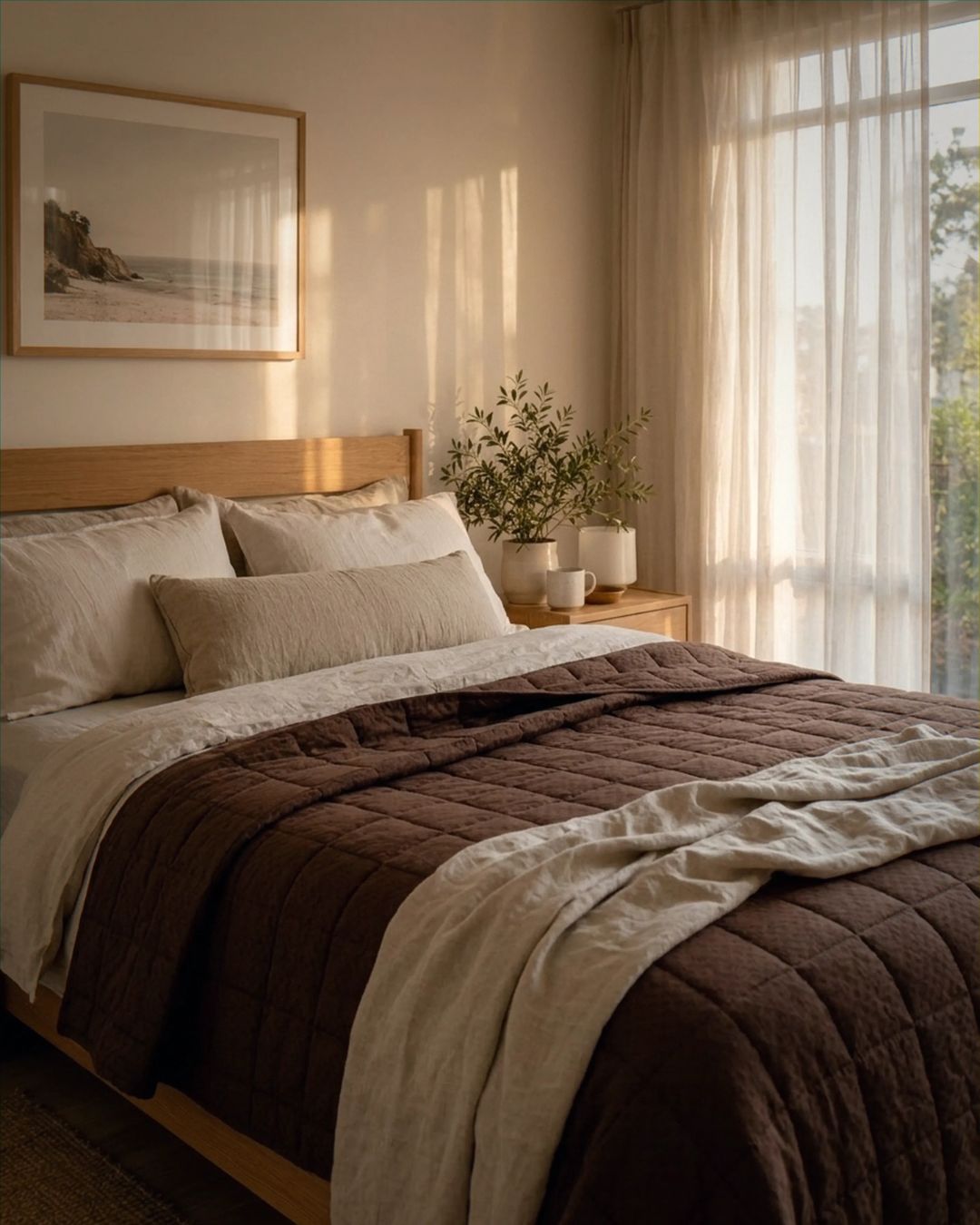 Cozy bedroom with a bed covered in brown and beige bedding, a nightstand with a plant, and a window letting in natural light.