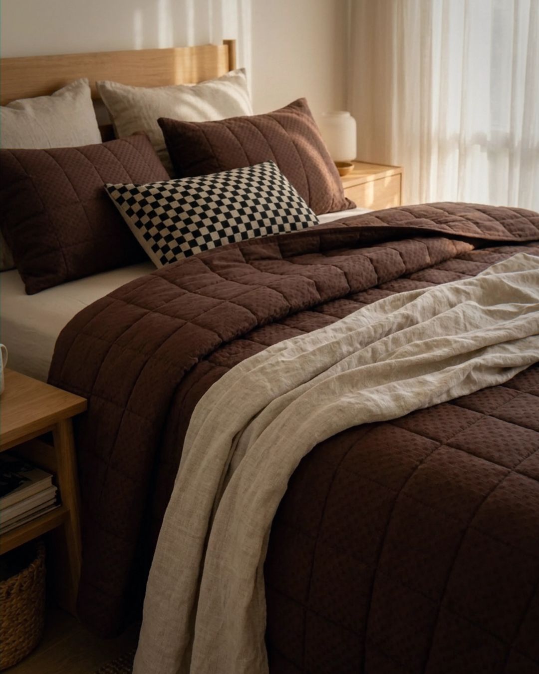 Bed with brown comforter and pillows in a bedroom setting