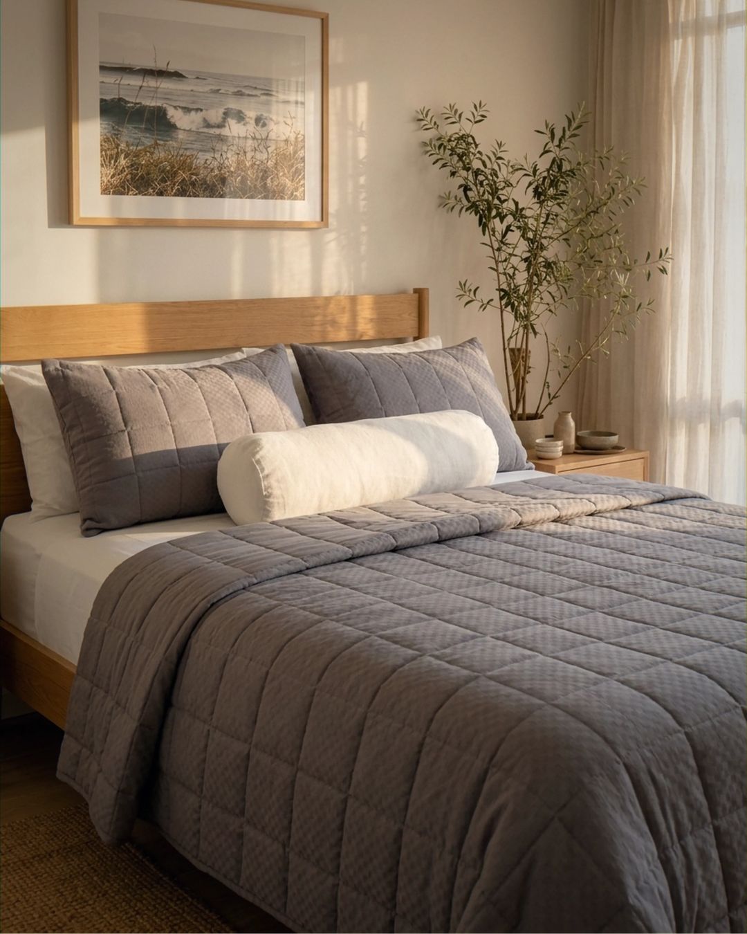 Neatly made bed with gray bedding and pillows in a well-lit bedroom.
