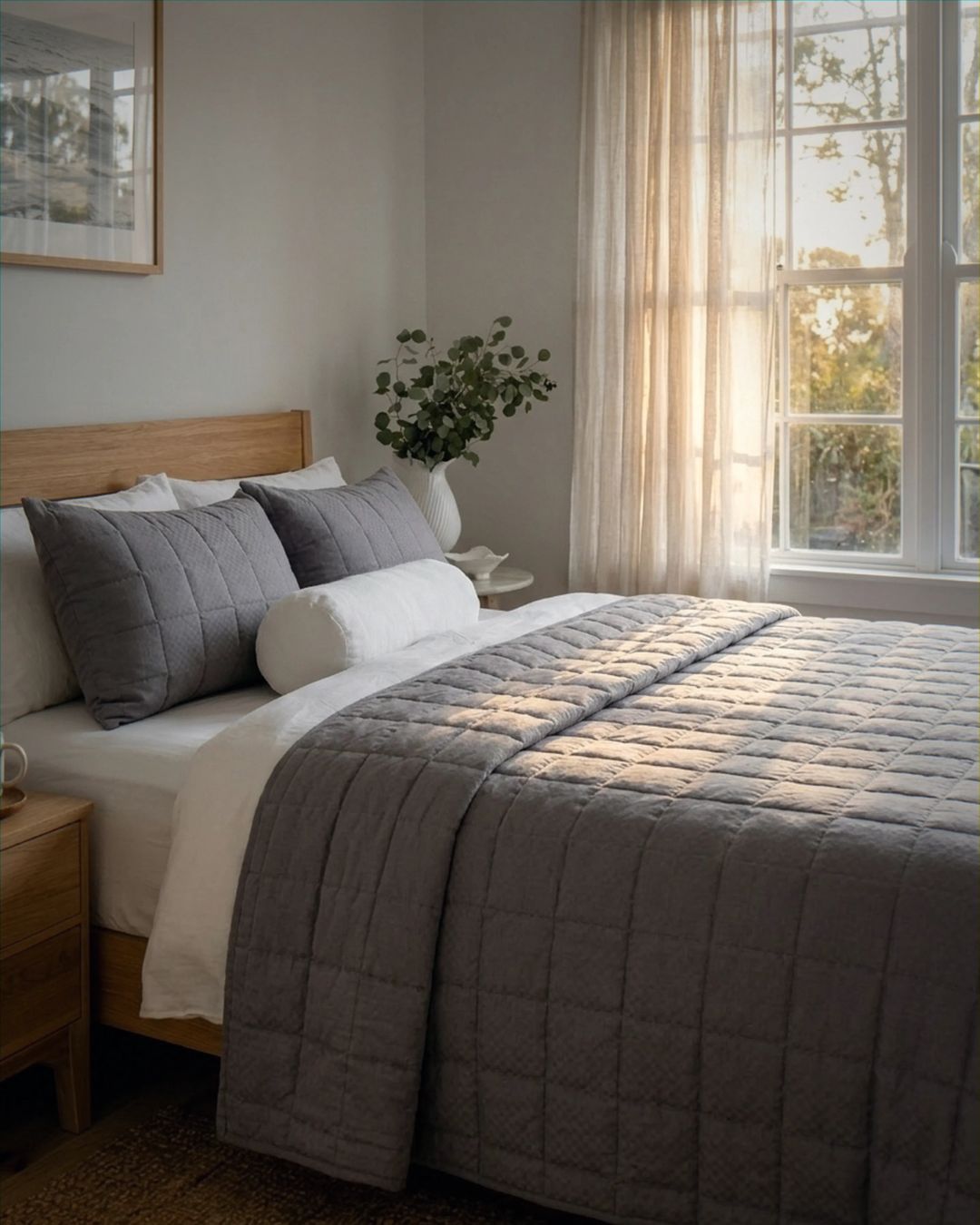 Neatly made bed with gray and white bedding in a bright bedroom.