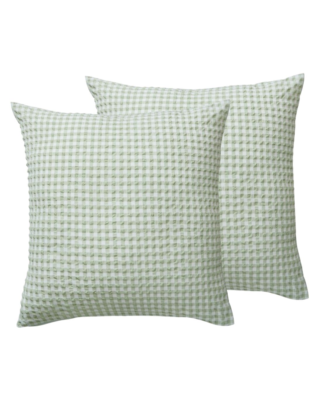 Two square throw pillows with a light sage green and white gingham checkered pattern, shown against a plain white background.