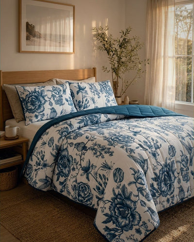 Bedroom with floral bedding and decorative pillows