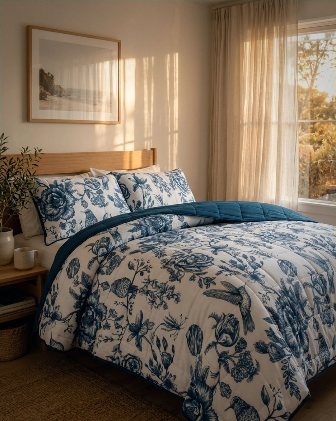 Bedroom with floral bedding and a window with curtains