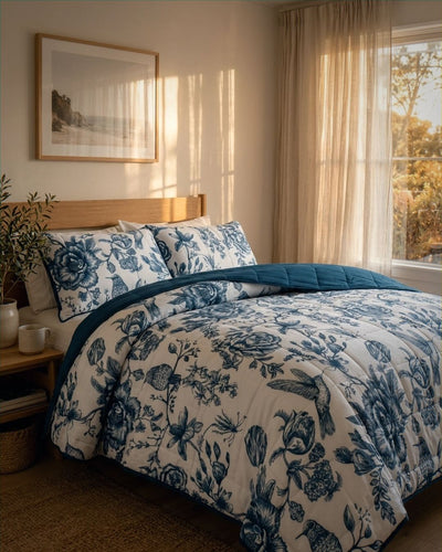 Bedroom with floral bedding and a window with curtains