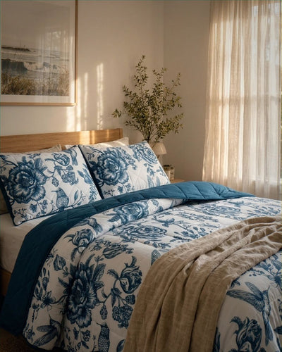 Bedroom with floral bedding and pillows, beige blanket, and plant decor.