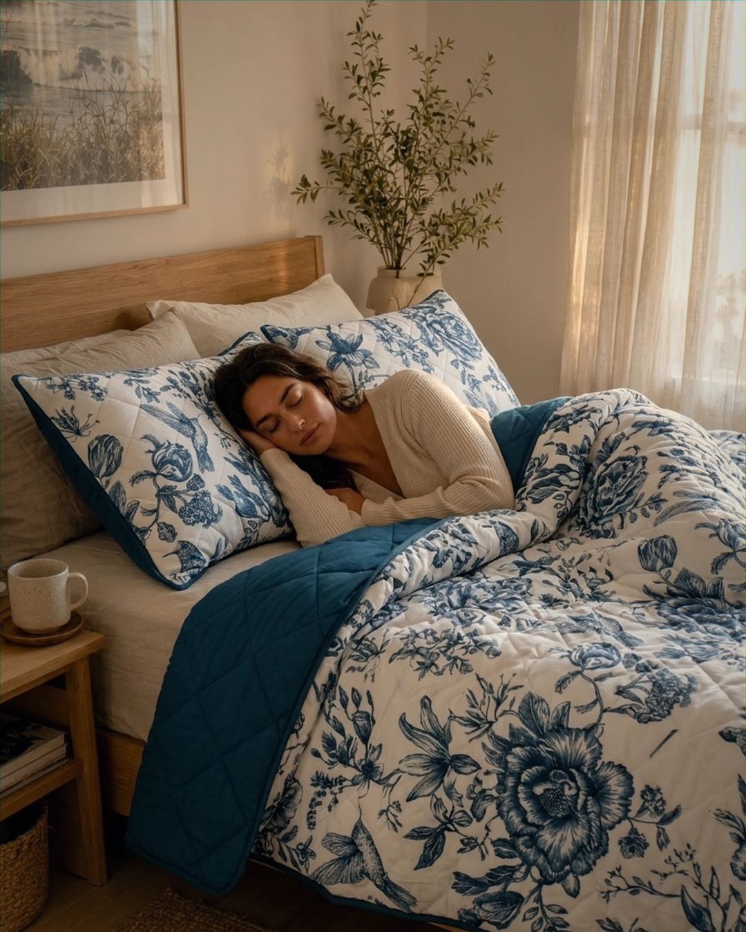 Woman lying on a bed with blue and white floral bedding in a cozy bedroom.