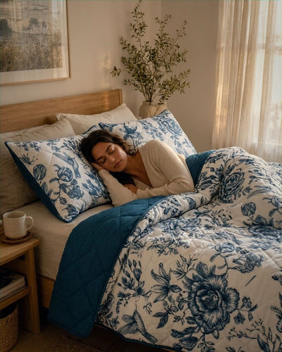 Woman lying on a bed with blue and white floral bedding in a cozy bedroom.