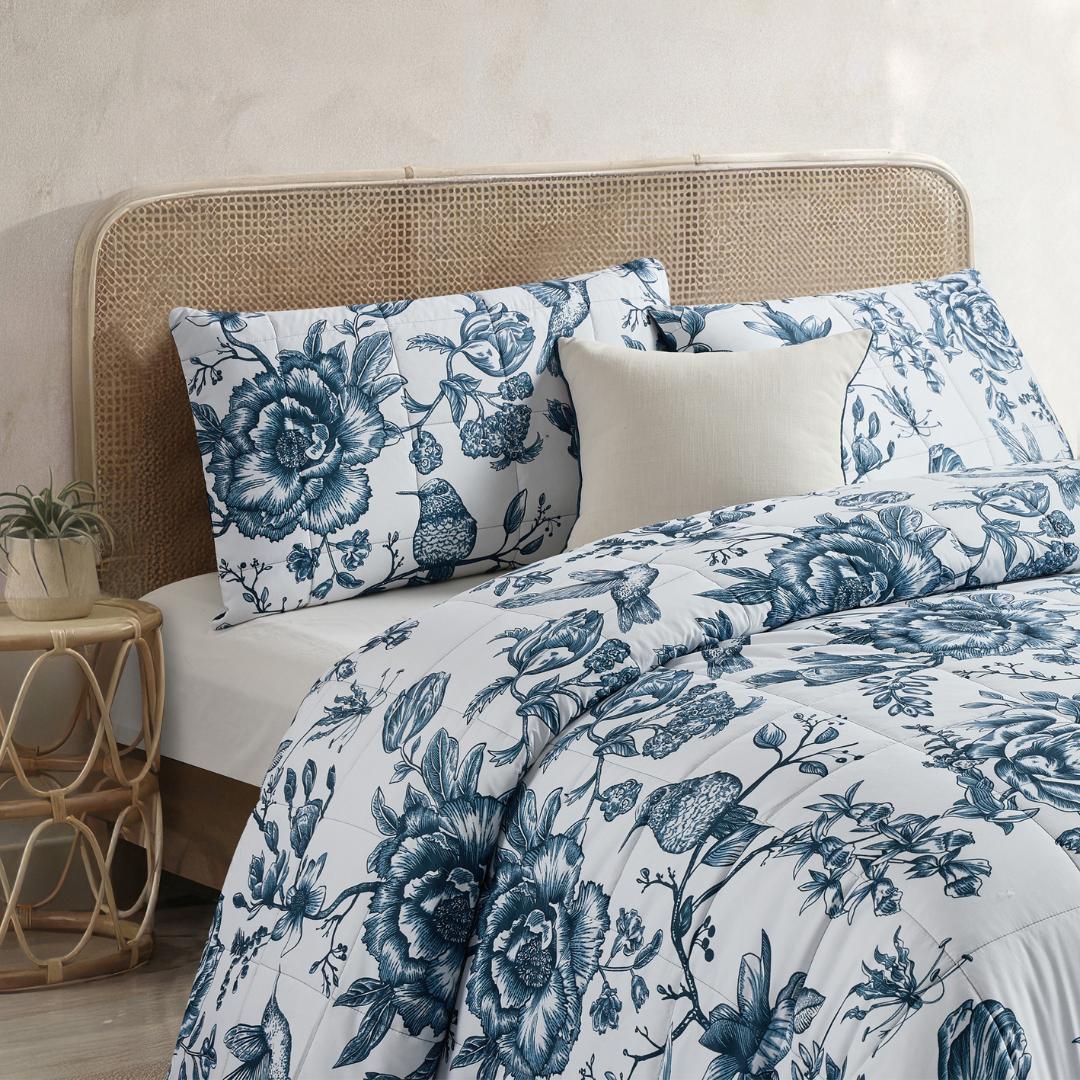 Lightweight quilted coverlet with pillowcases in classic blue rose design.