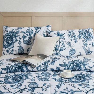 Lightweight quilted coverlet with pillowcases in classic blue rose design.