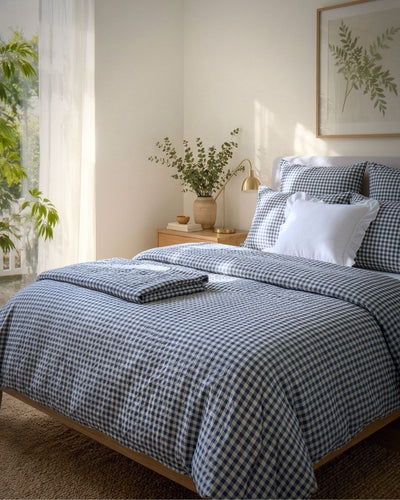 A neatly made bed in a bright bedroom, covered with a blue-and-white gingham check bedding set including a duvet cover, matching pillow shams, and a white accent pillow. A wooden nightstand, vase with branches, and framed botanical wall art are visible in the softly lit room.