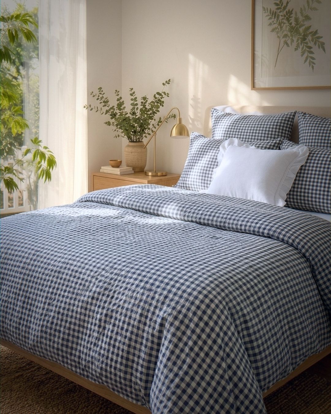 A neatly made bed in a softly lit bedroom, covered with a blue-and-white gingham check duvet and matching pillow shams, plus a few solid white pillows. A wooden nightstand, lamp, vase with greenery, and framed wall art are visible in the room.