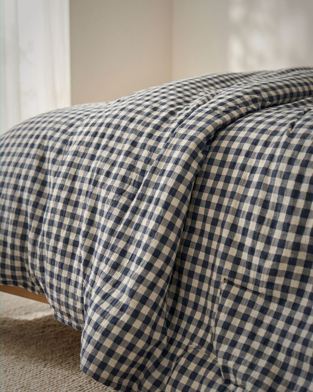 A close-up of a navy and cream gingham checkered comforter or duvet draped over a bed in a softly lit bedroom.