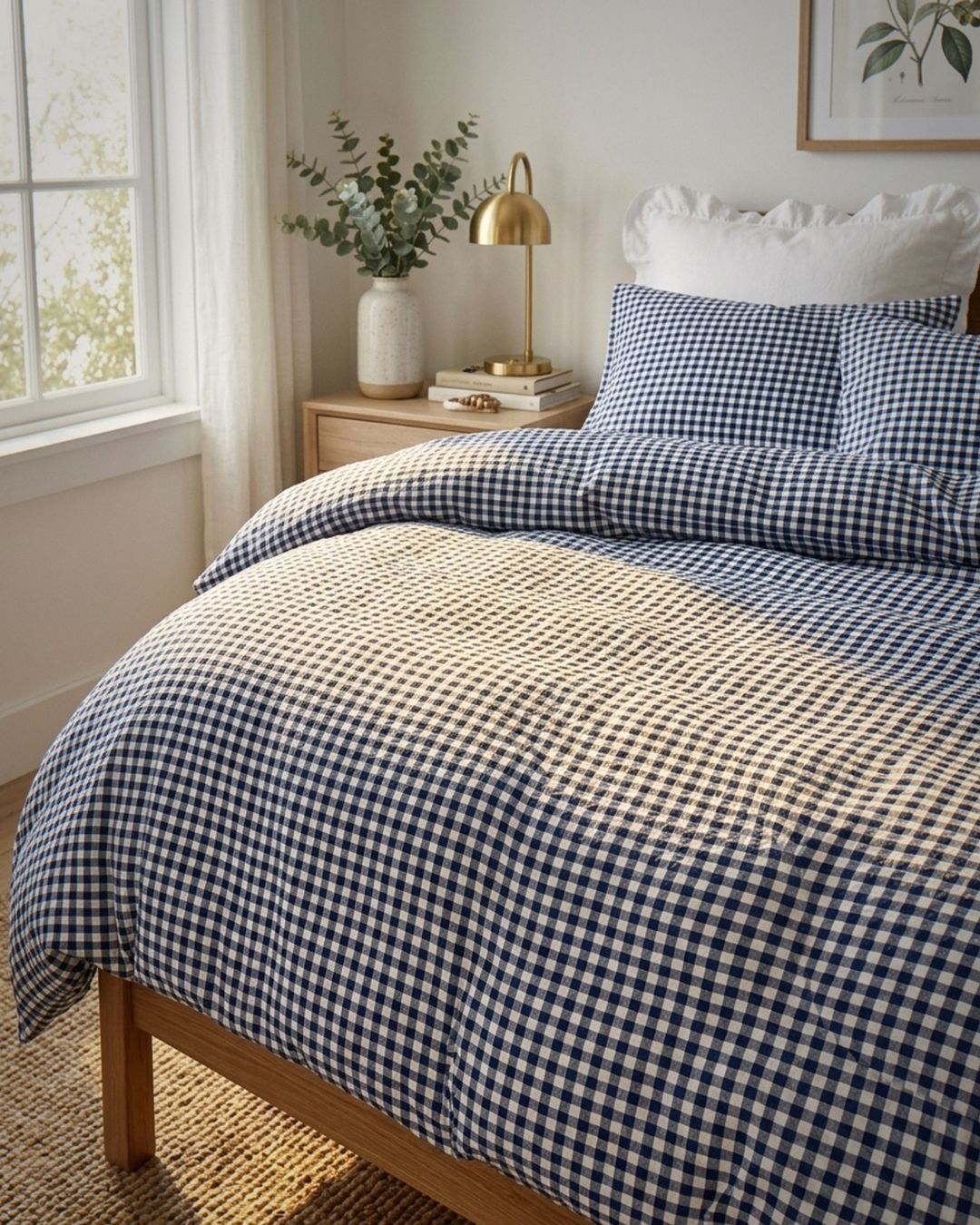 A neatly made bed in a bright bedroom featuring a navy and cream gingham checkered duvet cover and matching pillowcases, with a wooden nightstand, gold lamp, and window in the background.