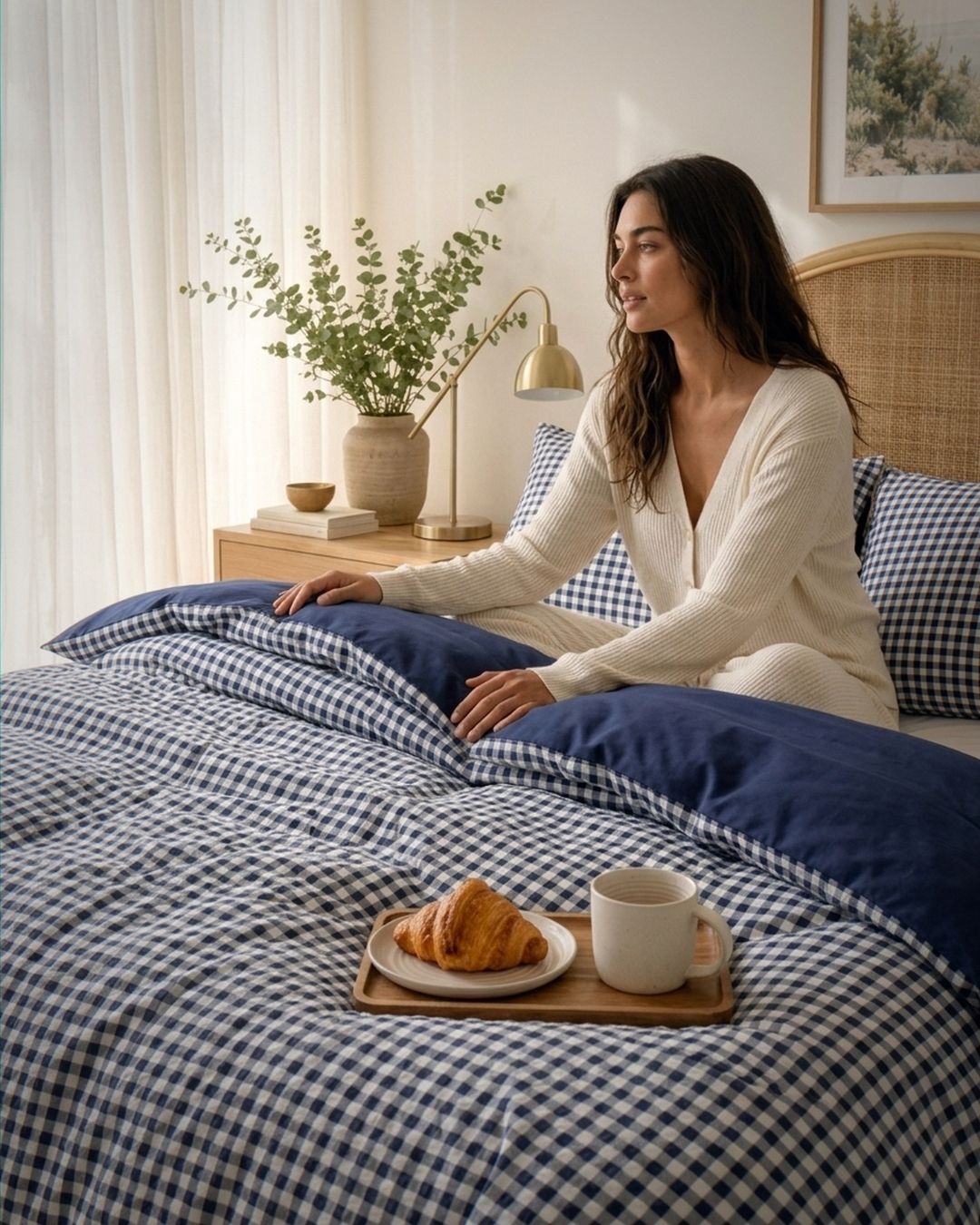 A woman sits on a bed wearing a cream ribbed knit cardigan and matching pants. The bed is styled with a navy and white gingham duvet cover and matching pillow shams, with a wooden tray holding a croissant and mug in the foreground.