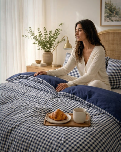 A woman sits on a bed wearing a cream ribbed knit cardigan and matching pants. The bed is styled with a navy and white gingham duvet cover and matching pillow shams, with a wooden tray holding a croissant and mug in the foreground.