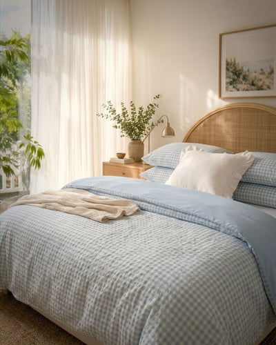 A neatly made bed in a softly lit bedroom, dressed in a light blue and white gingham patterned duvet cover and matching pillows, with a cream throw blanket, a wooden headboard, and a bedside lamp.