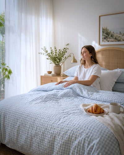 A woman sits on a bed in a bright, sunlit bedroom. The bed is made with a light blue and white gingham patterned duvet cover and matching pillow shams, a beige woven headboard, white pillows, and a neutral blanket.