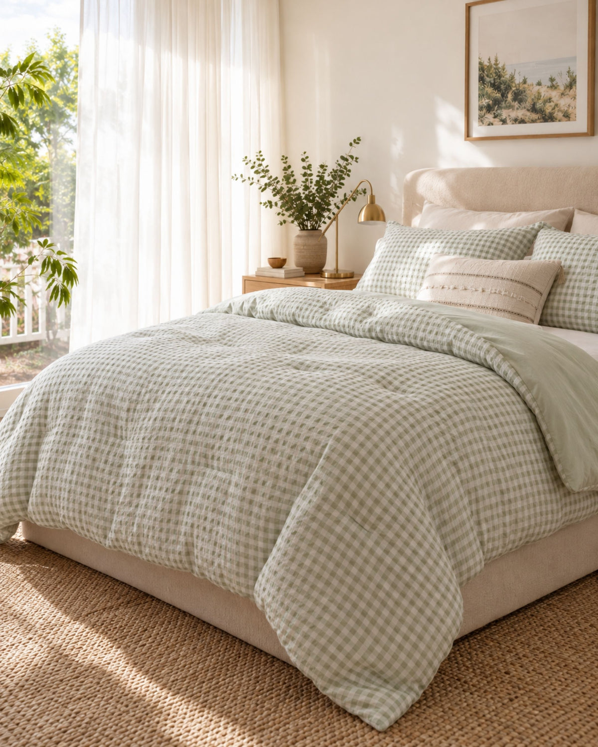 A neatly made bed in a bright bedroom, dressed with a light beige and sage green gingham comforter set, matching pillows, and a beige upholstered bed frame. Sunlight streams in from a window with sheer curtains, and a small bedside table with a lamp and plant is visible.