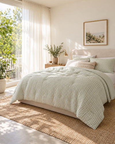 A neatly made bed in a bright, sunlit bedroom featuring a light sage green and white gingham checkered comforter and matching pillow shams, styled with neutral beige and white pillows. The room has a natural woven jute rug, a wooden nightstand with a lamp and vase, and a large window with sheer curtains.
