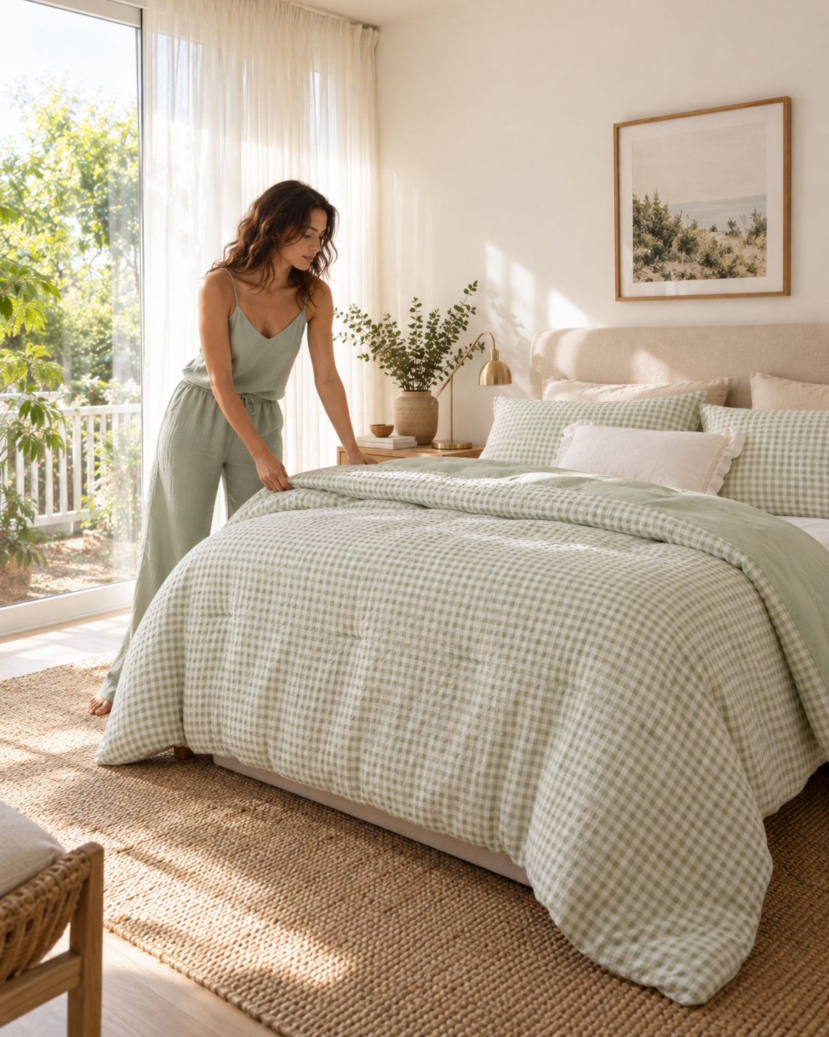 A woman in a matching sage green loungewear set is adjusting a light sage green and white gingham checkered comforter on a bed in a bright, sunlit bedroom.