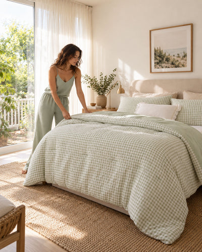 A woman in a matching sage green loungewear set is adjusting a light sage green and white gingham checkered comforter on a bed in a bright, sunlit bedroom.