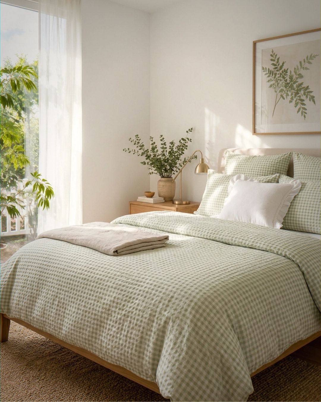 Bedroom with green checkered bedding, plants, and a framed picture.