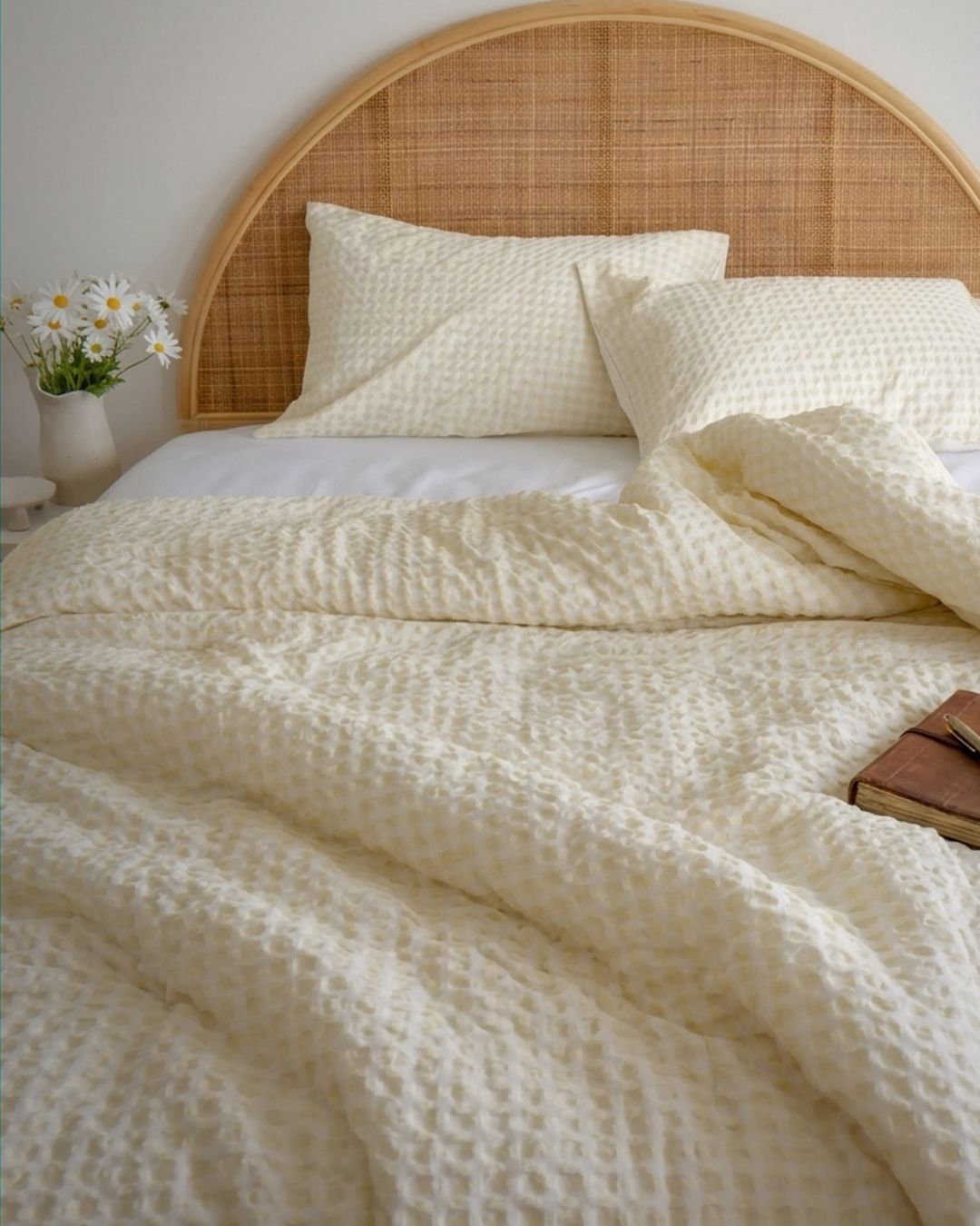 Bed with white bedding and a wicker headboard, featuring a vase of flowers on the nightstand.