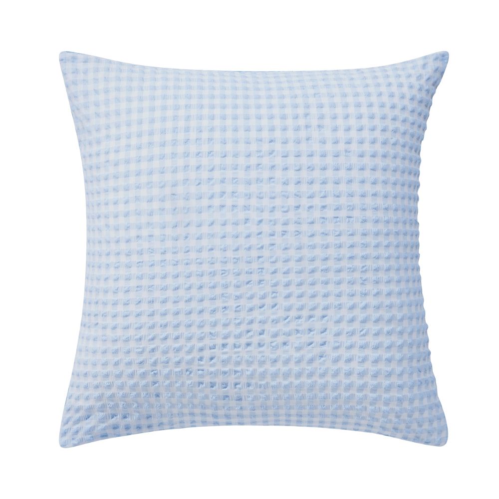 Morgan and Reid Gingham Blueberry Swirl European Pillowcase Pair on a styled bed with matching comforter