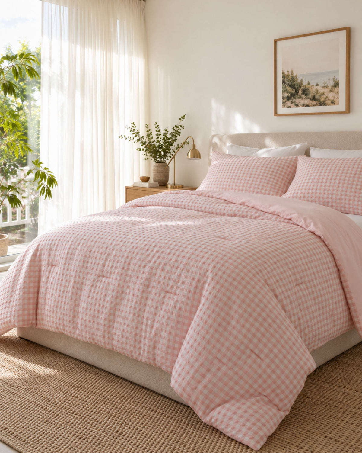 A pink and white gingham checkered comforter set with matching pillow shams on a bed in a bright, sunlit bedroom.