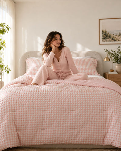 A woman sits on a bed wearing a light pink long-sleeve pajama set with matching gingham-patterned bedding in a softly lit bedroom.