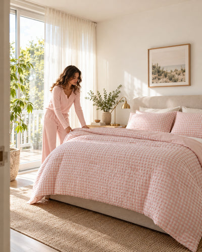 A woman in a matching pink pajama set stands beside a bed in a bright, sunlit bedroom. The bed is made with a pink and white gingham patterned duvet cover and matching pillow shams, set against a neutral beige headboard and a natural jute rug.