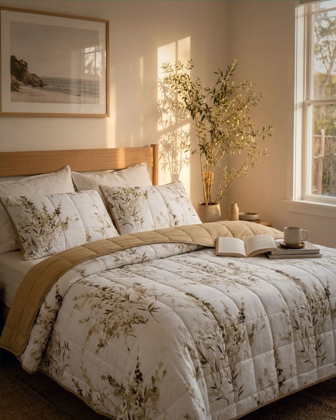 Cozy bedroom with floral bedding, a book, and a cup on a windowsill.