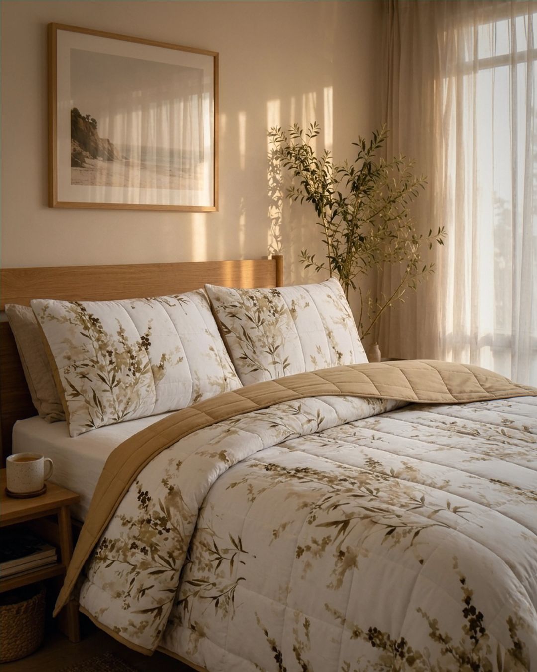 Bedroom with floral bedding, wooden headboard, and framed picture on wall.